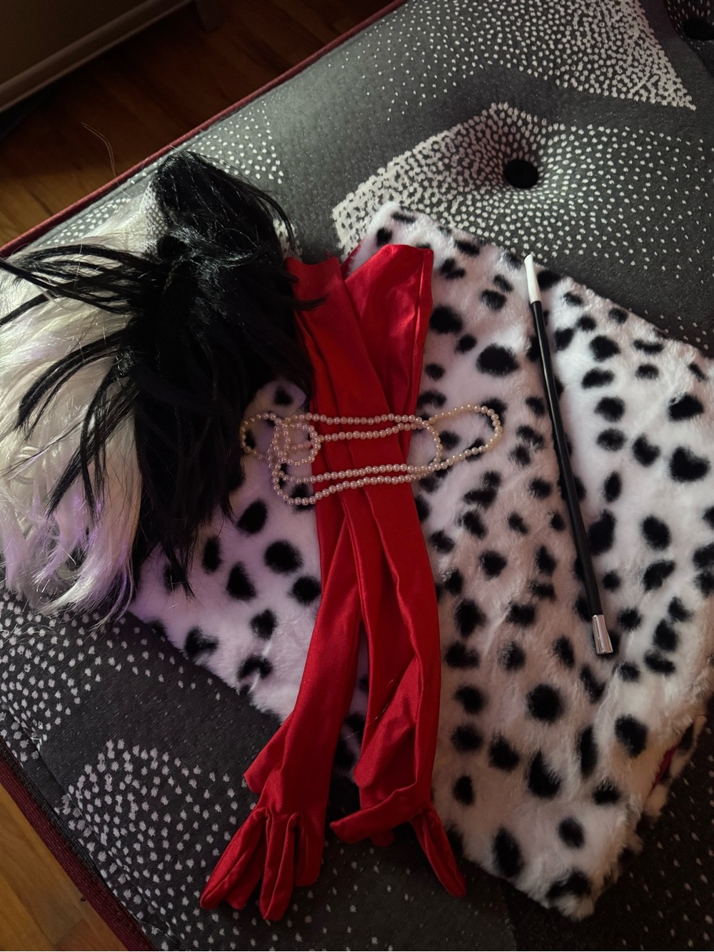 Cruela Devilla Costume -Red Satin Long Opera Gloves with Pearl Chain Accent